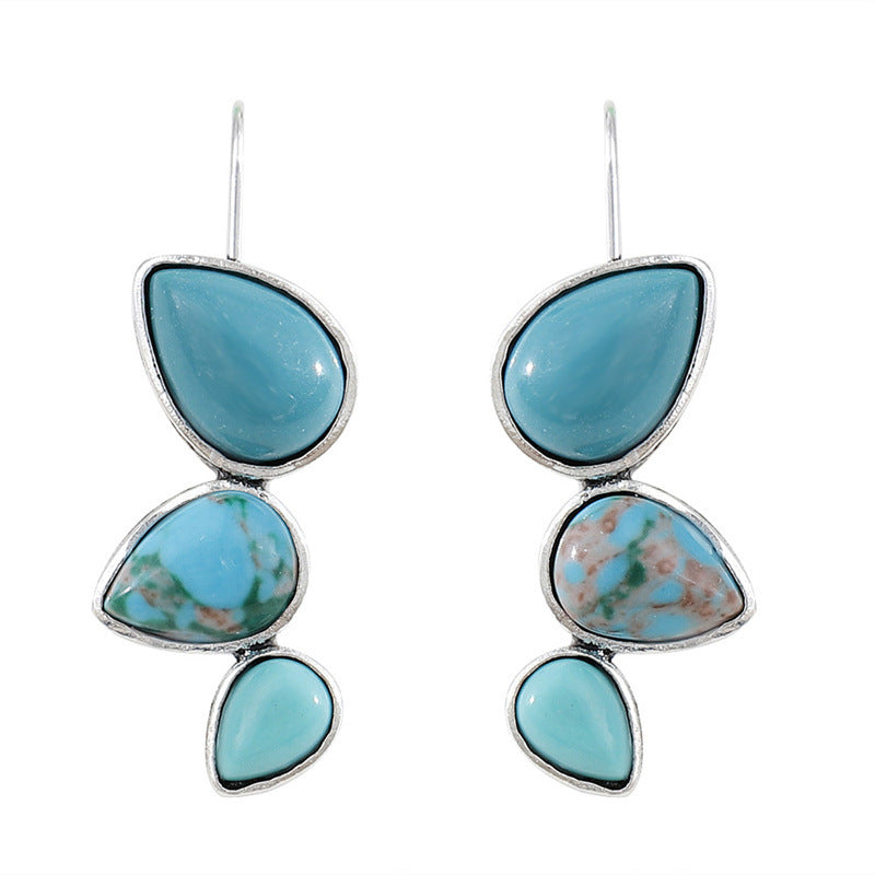 Wholesale Retro Bohemian style teardrop-shaped turquoise inlaid earrings